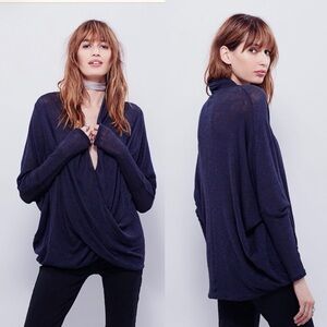 Free People Shelia Hacci Navy Blue Drape Front Top